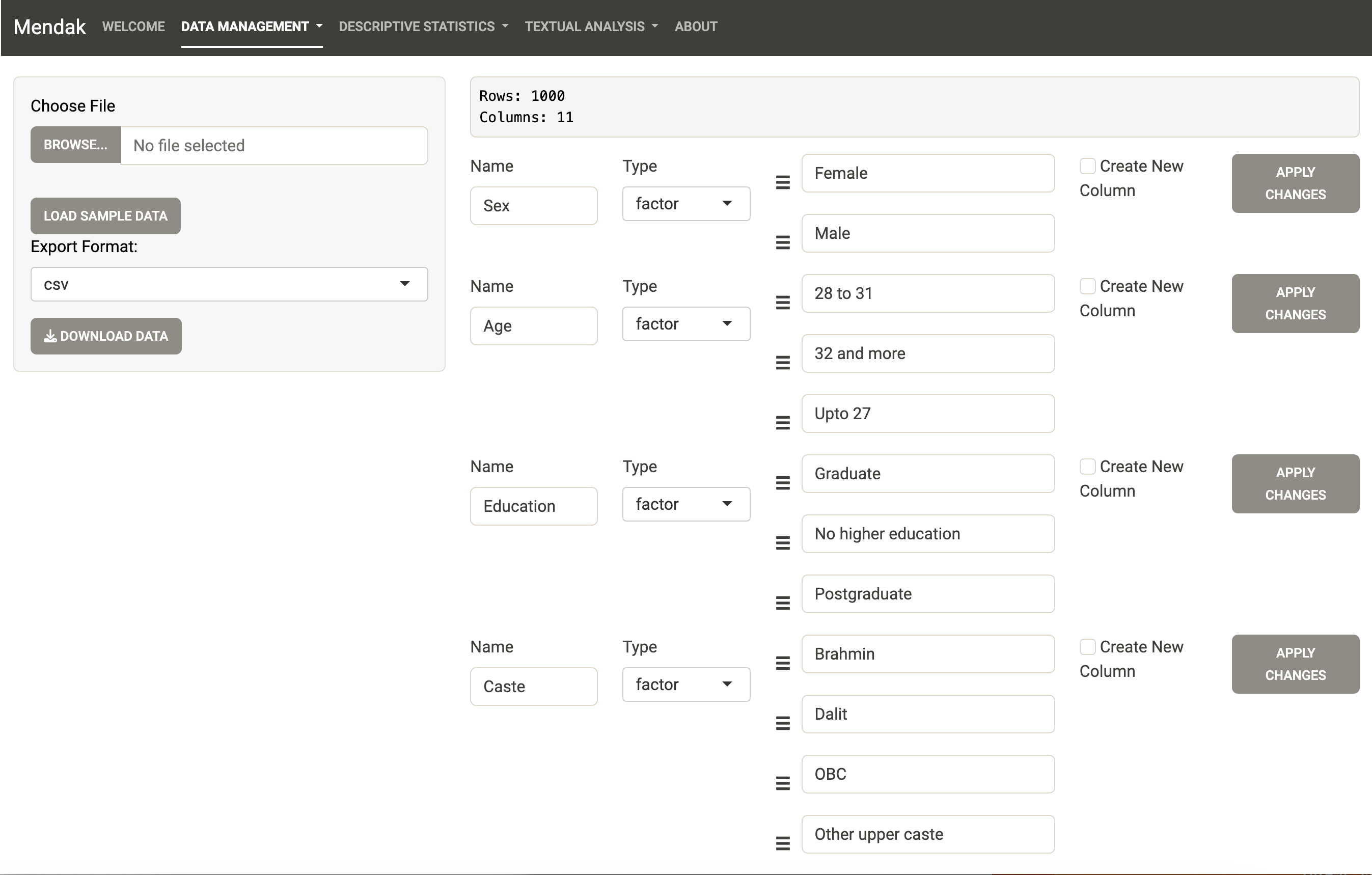 Data Management Tab on Mendak